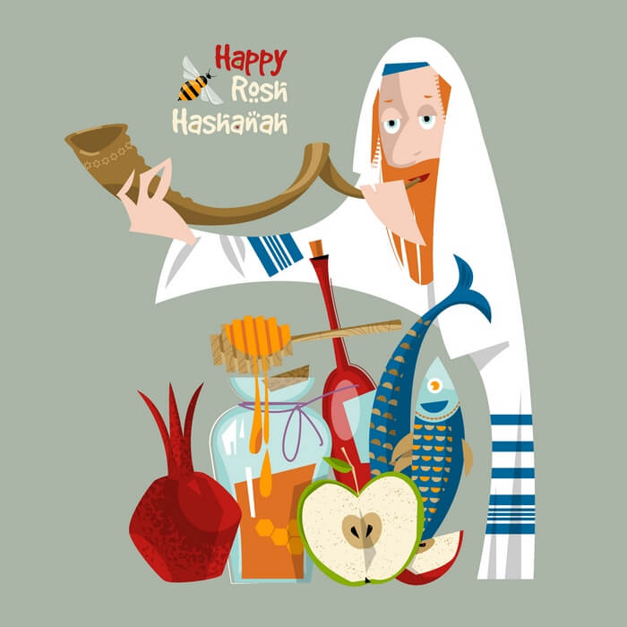 Happy Rosh Hashanah. Jewish New Year. Orthodox jewish man holds